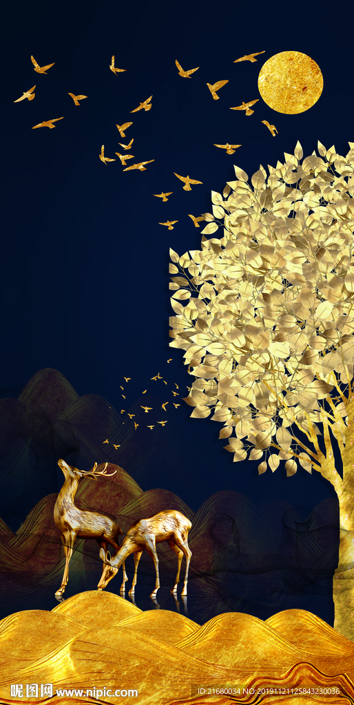 麋鹿发财树装饰画