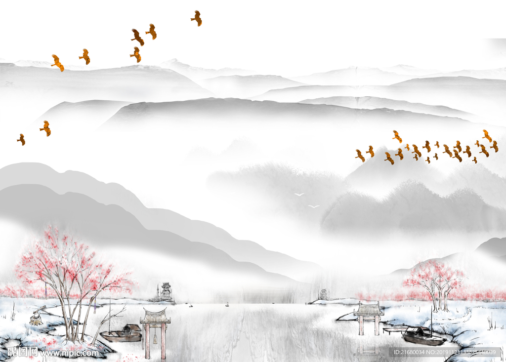 新中式抽象意境山水背景墙