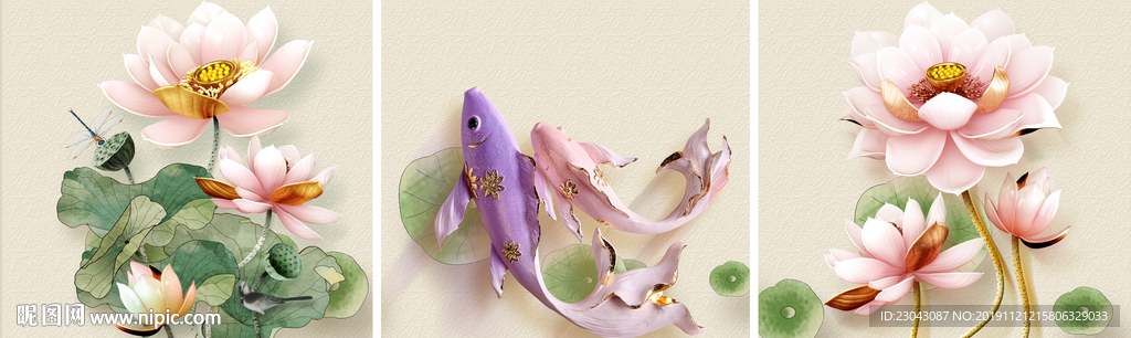 新中式浮雕荷花鲤鱼客厅装饰画