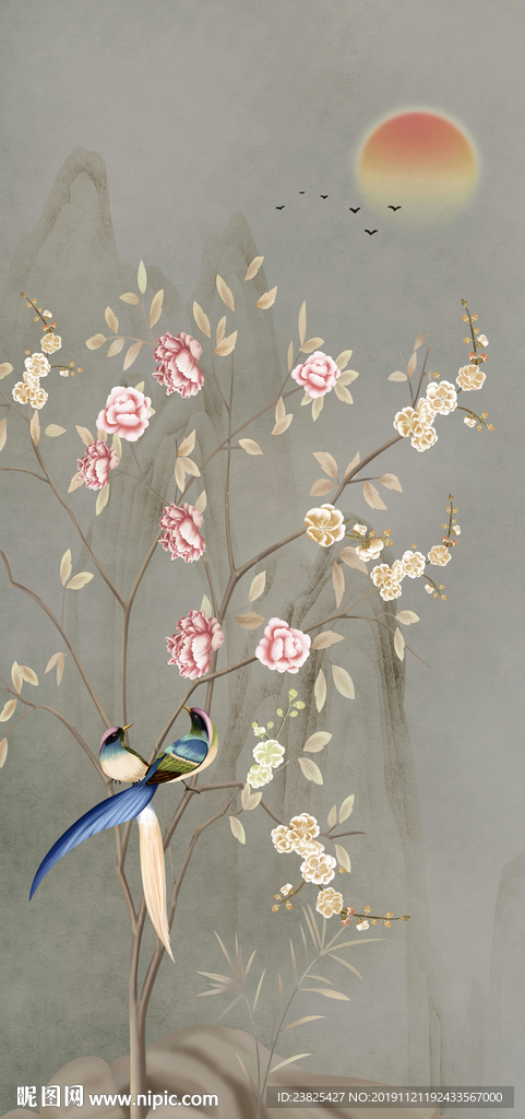 新中式手绘花鸟复式背景墙