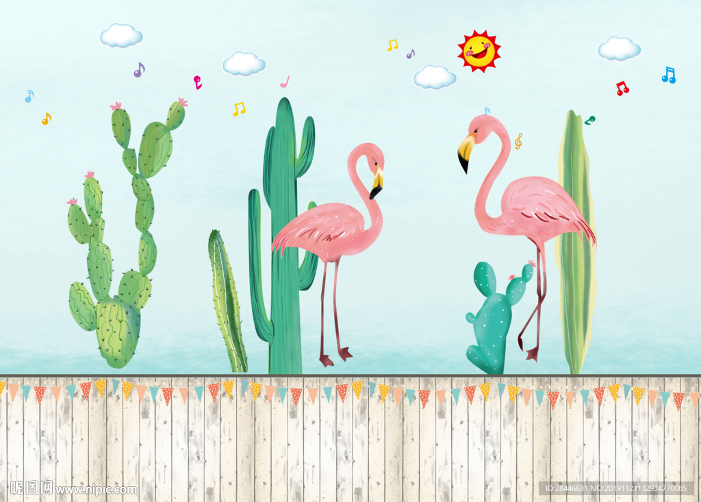 北欧卡通儿童房背景墙