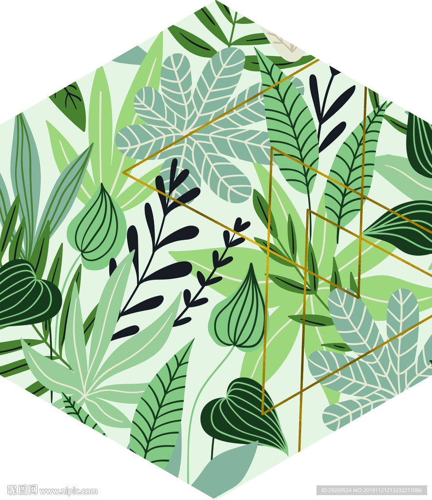 小清新六边形绿色植物叶子装饰画