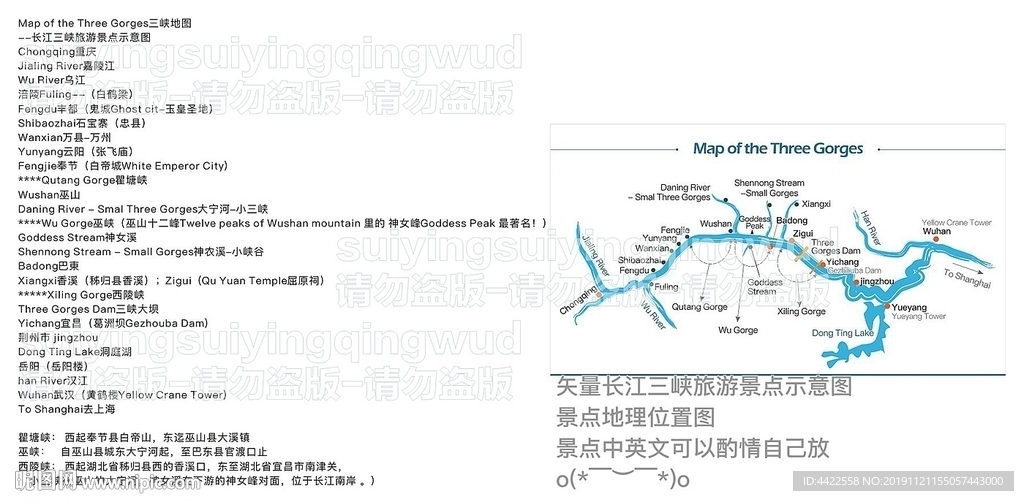 矢量长江三峡旅游景点示意图 三