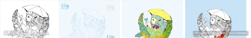 线描 白描图 女孩