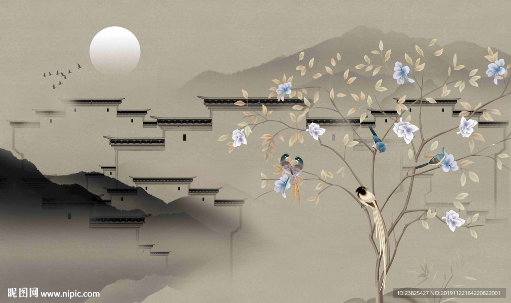 新中式手绘花鸟山水电视背景墙
