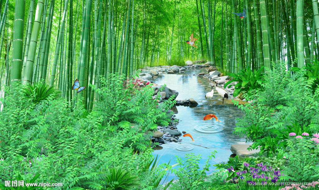 竹林流水小溪背景墙