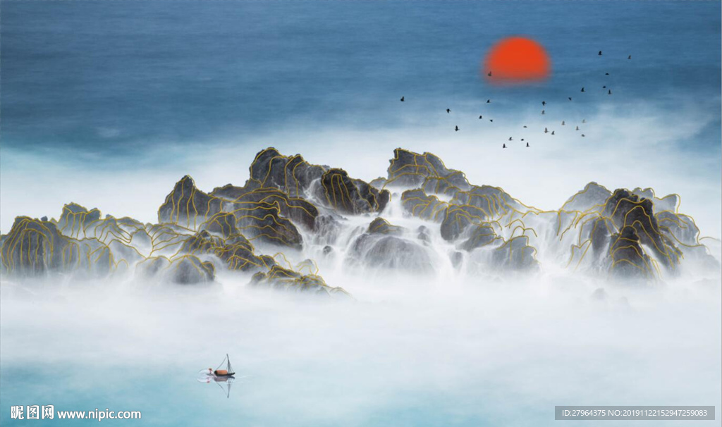 新中式水墨山水金色线条背景墙