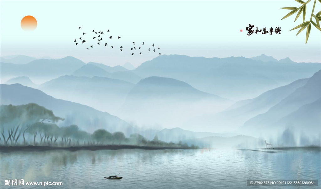 新中式山水麋鹿飞鸟背景墙