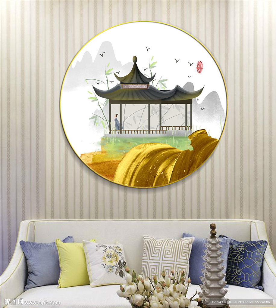 新中式古典建筑笔刷晶瓷装饰画