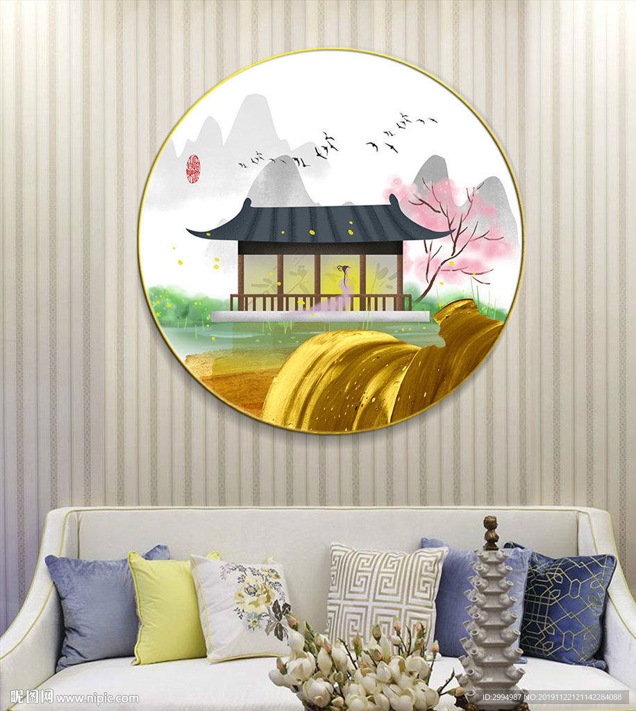 新中式古典建筑笔刷晶瓷装饰画