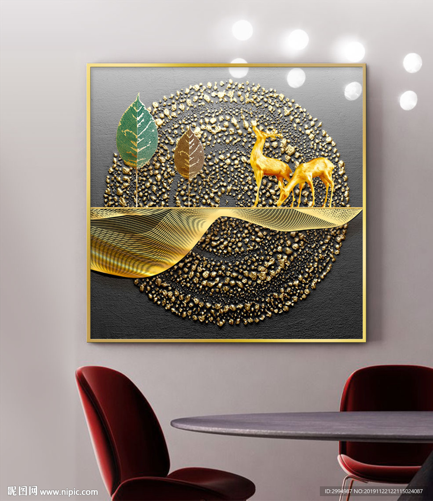 新中式金箔麋鹿线条立体装饰画