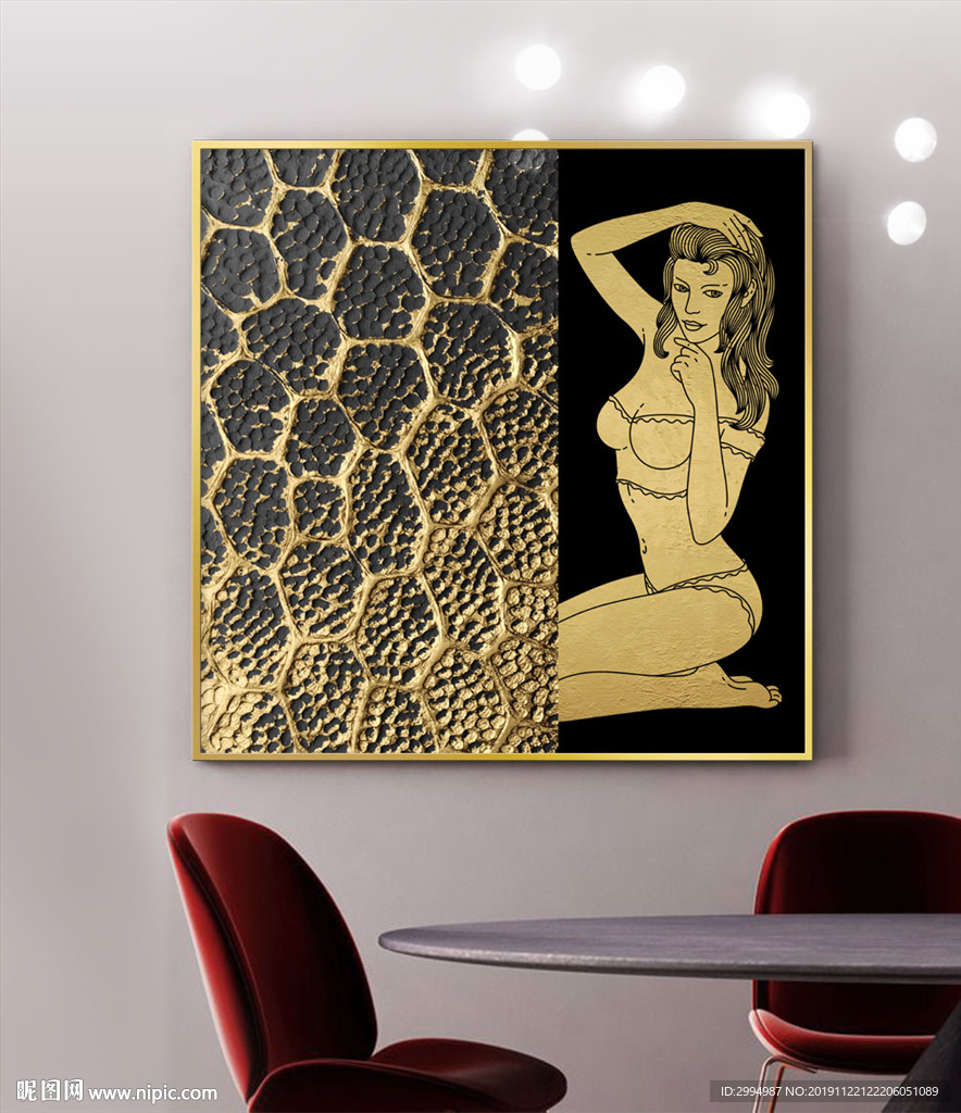 新中式金箔美女线条立体装饰画