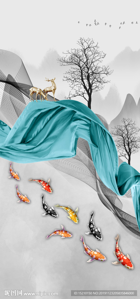 水墨山水九鱼图玄关背景墙