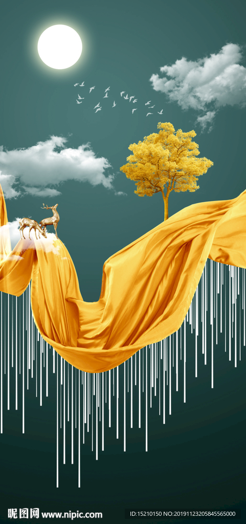 金色丝绸发财树玄关背景墙