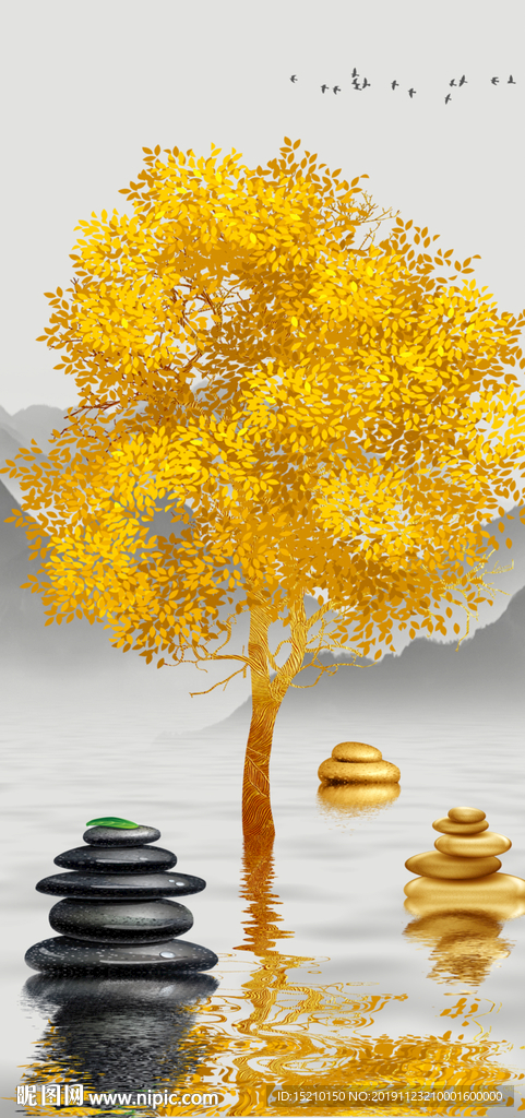 水墨山水发财树玄关背景墙