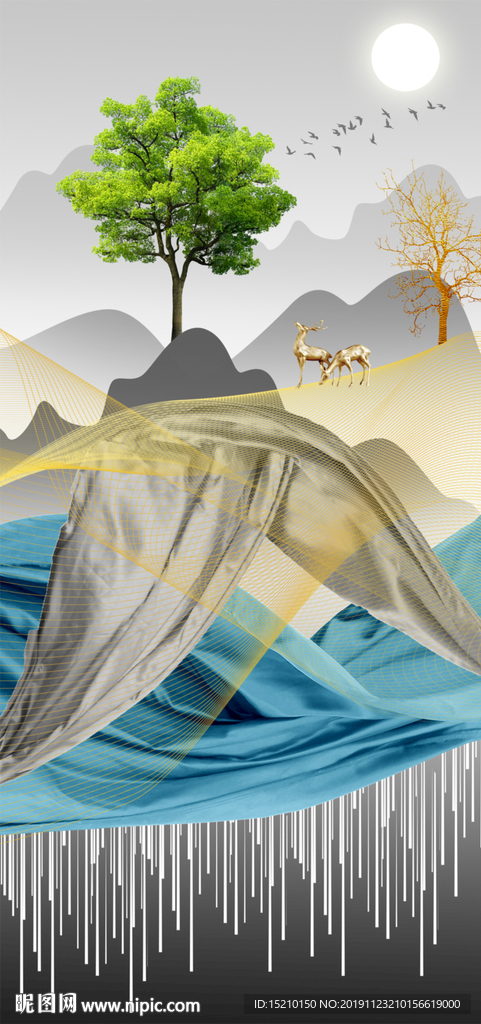 水墨山水抽象树玄关背景墙