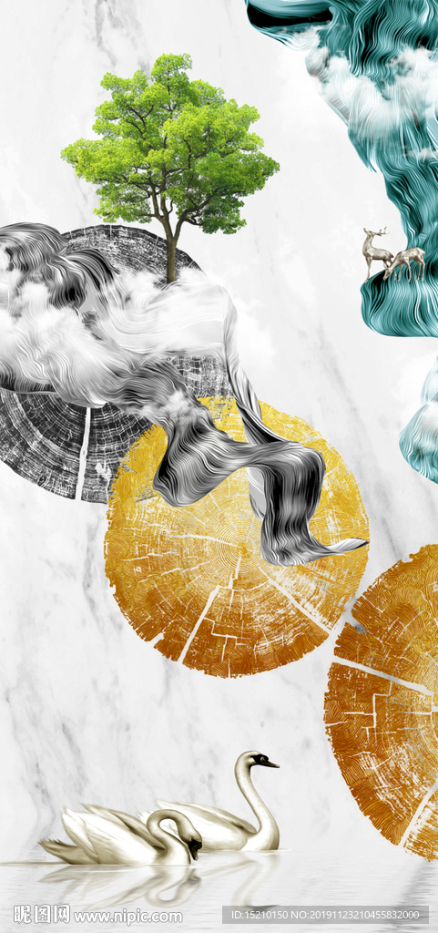 抽象树蓝色丝绸玄关背景墙