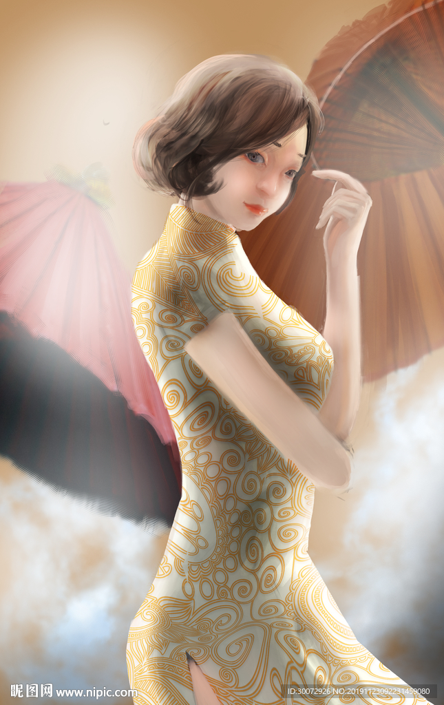 旗袍少女成插画图片