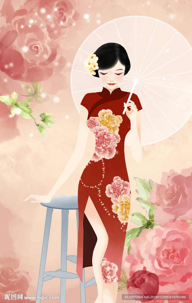 旗袍少女成插画图片