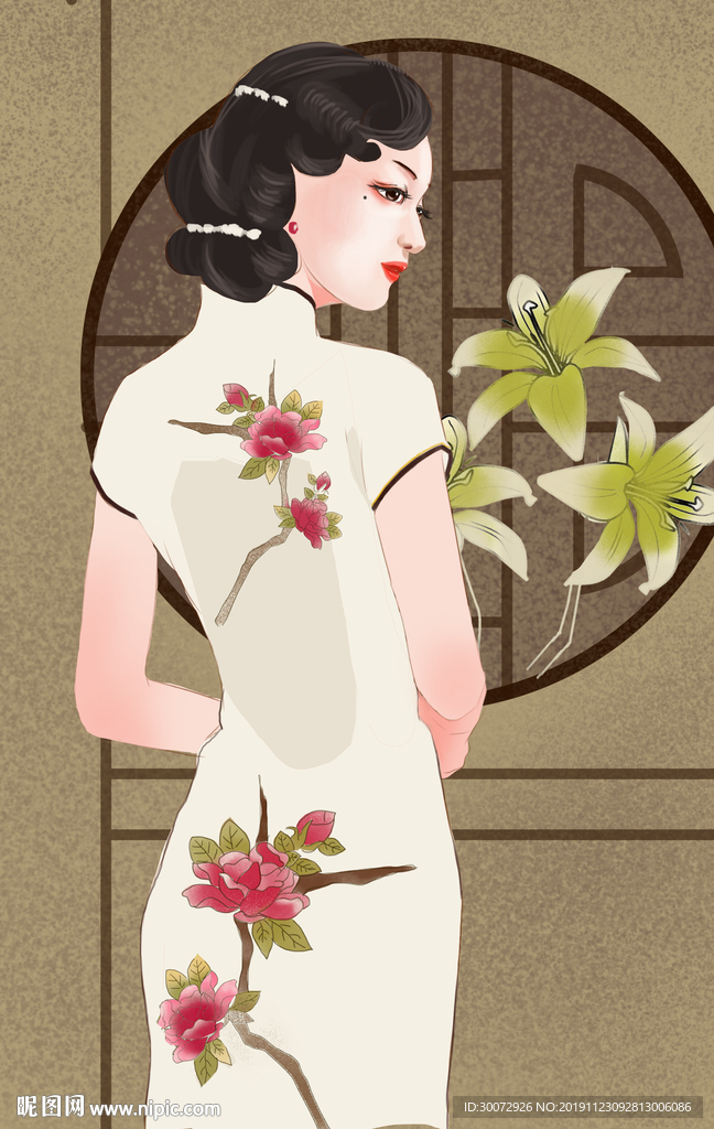 旗袍少女成插画图片