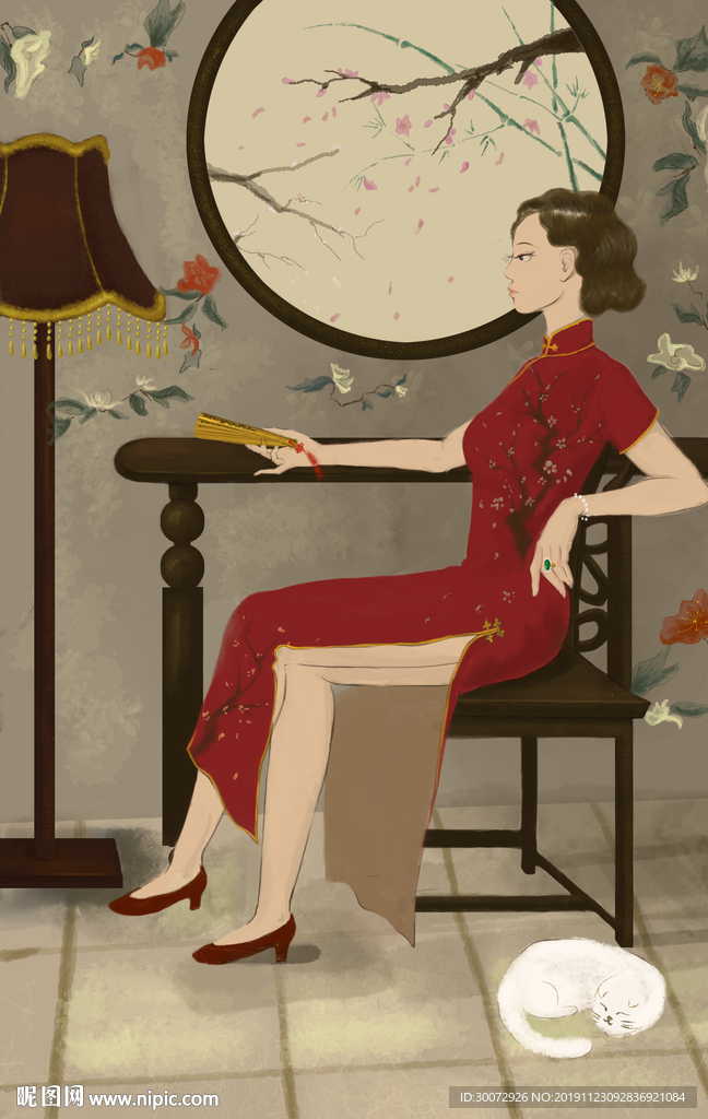 旗袍少女成插画图片