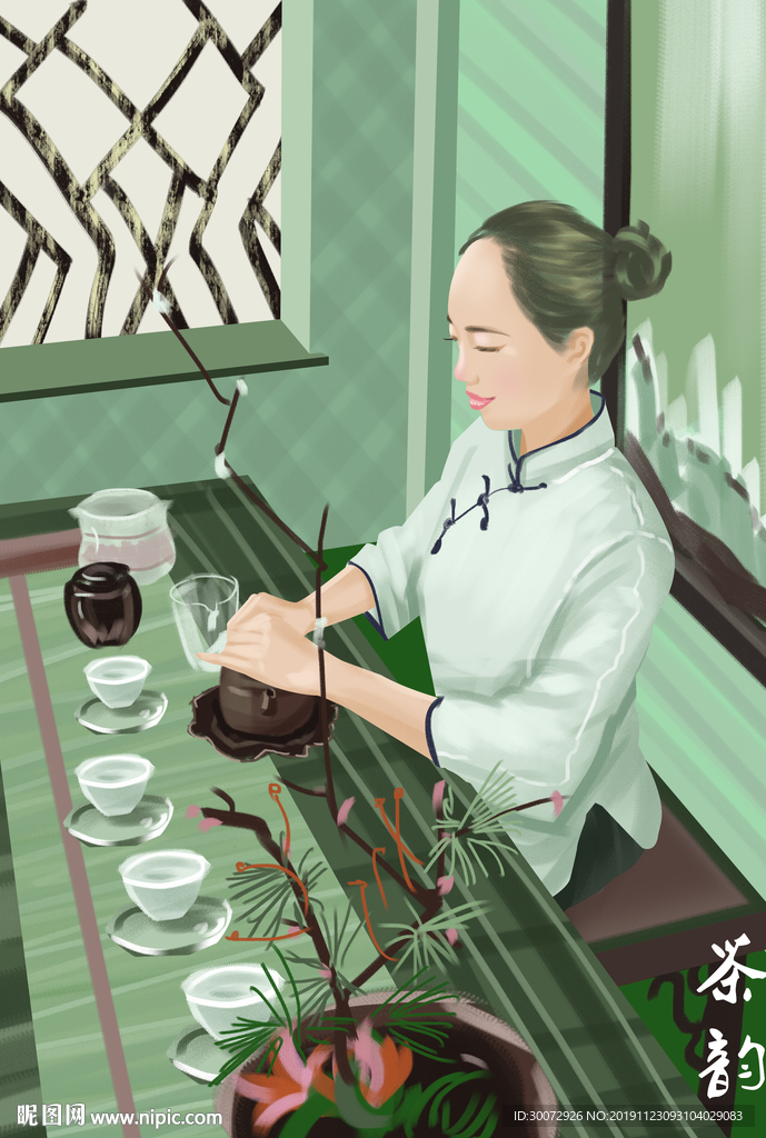 旗袍少女成插画图片
