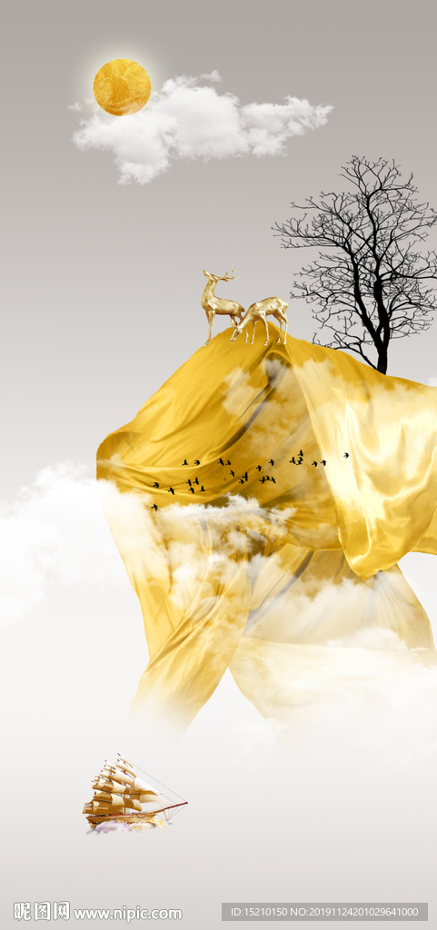 金色丝绸抽象树玄关背景墙