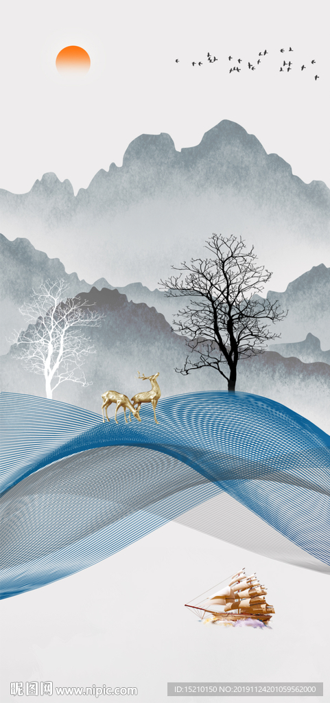 水墨山水抽象树玄关背景墙