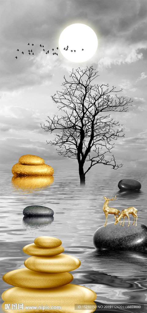 鹅卵石抽象树玄关背景墙