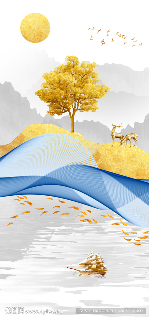 水墨山水发财树玄关背景墙