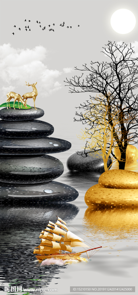 鹅卵石抽象树玄关背景墙