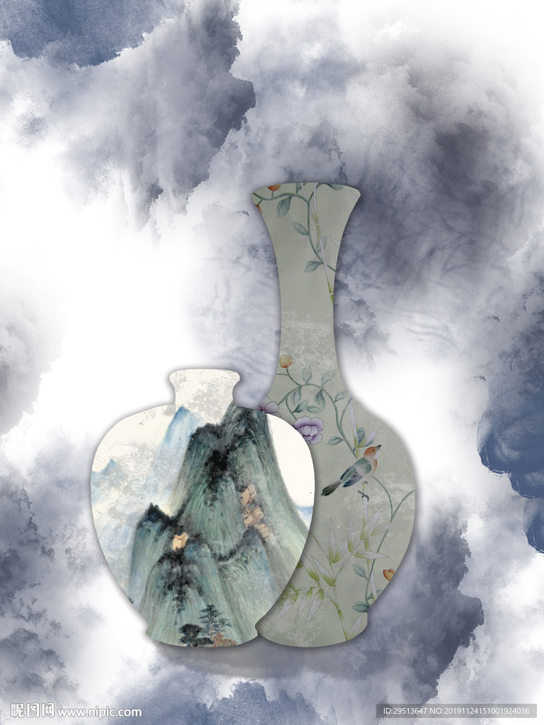 中式花瓶山水水墨装饰画