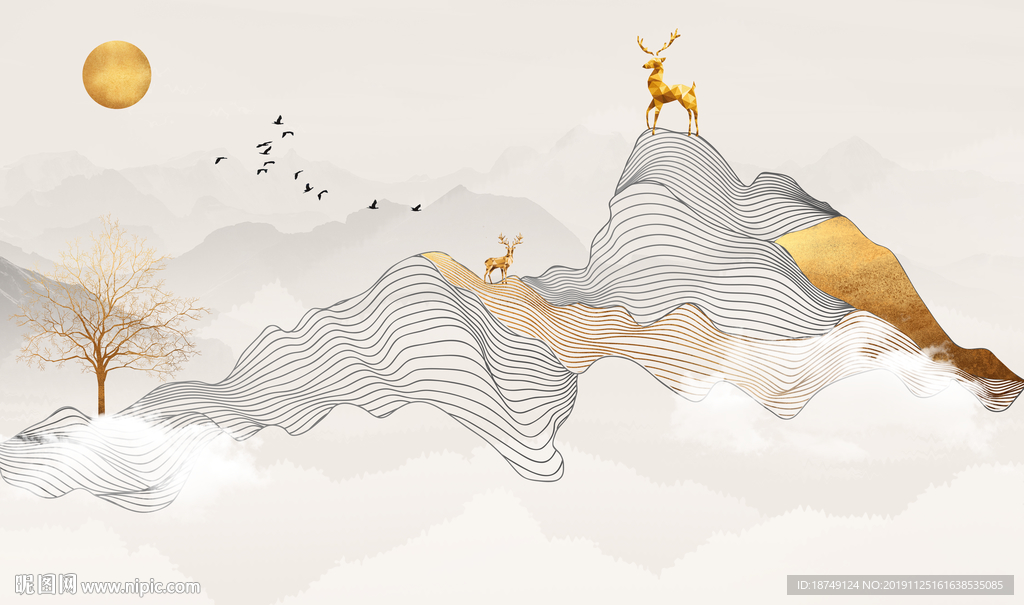 新中式金色麋鹿电视背景墙