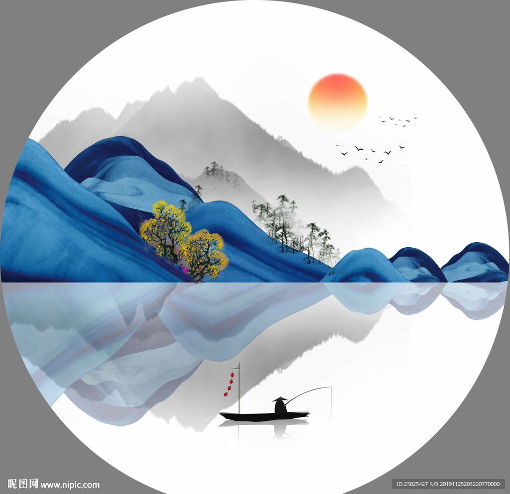 新中式蓝色水墨山水圆形装饰画