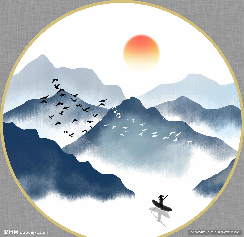 新中式意境水墨山水圆形装饰画