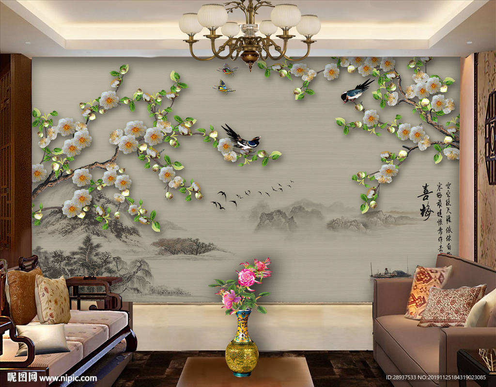 原创梅花喜鹊山水画背景墙