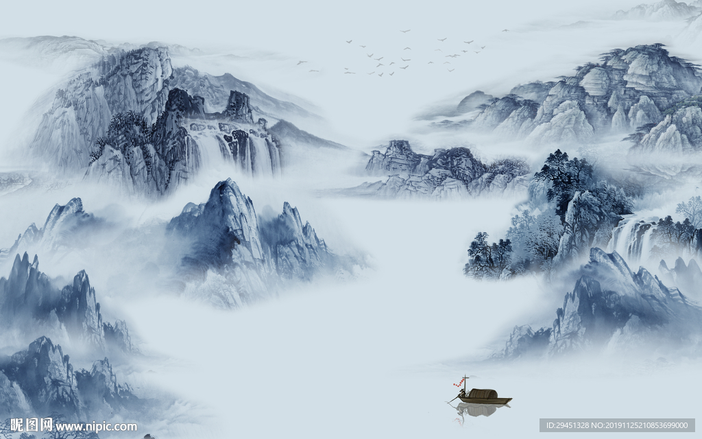 蓝色山水中国风画 TIF分层