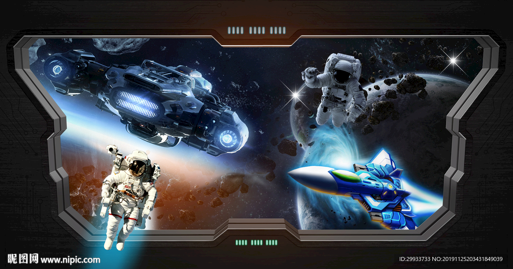 3D宇航员宇宙飞船太空舱背景墙