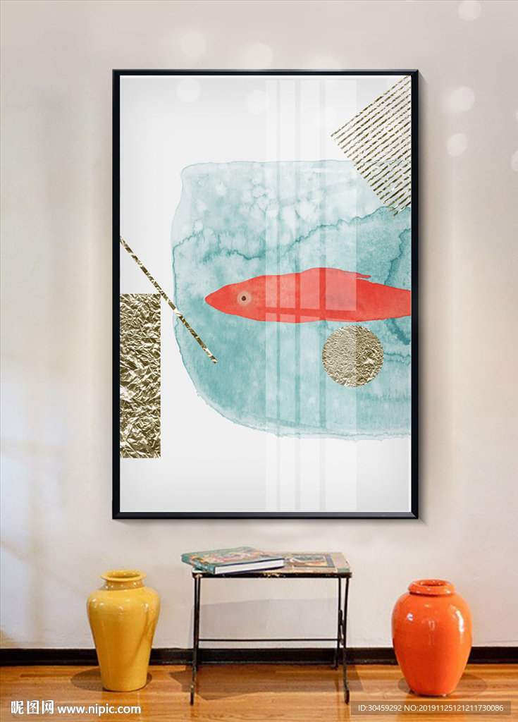 手绘金鱼小清新金箔装饰画