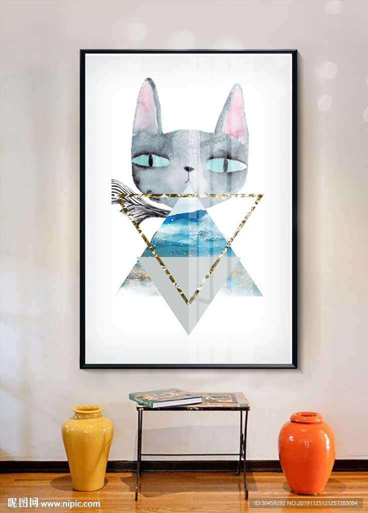 手绘猫咪小清新金箔装饰画