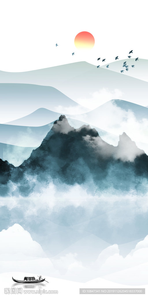 蓝色山水无框画 TIF分层