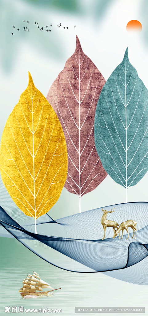 叶子线条玄关背景墙