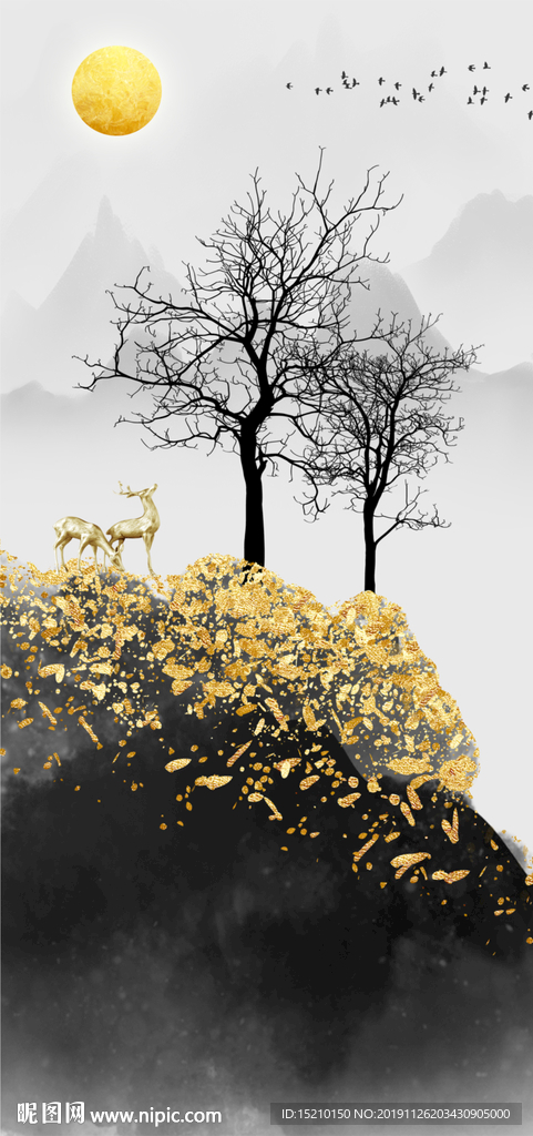 水墨山水抽象树玄关背景墙