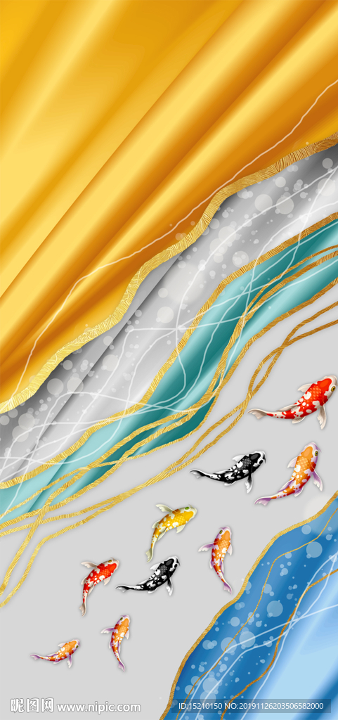 丝绸九鱼图玄关背景墙