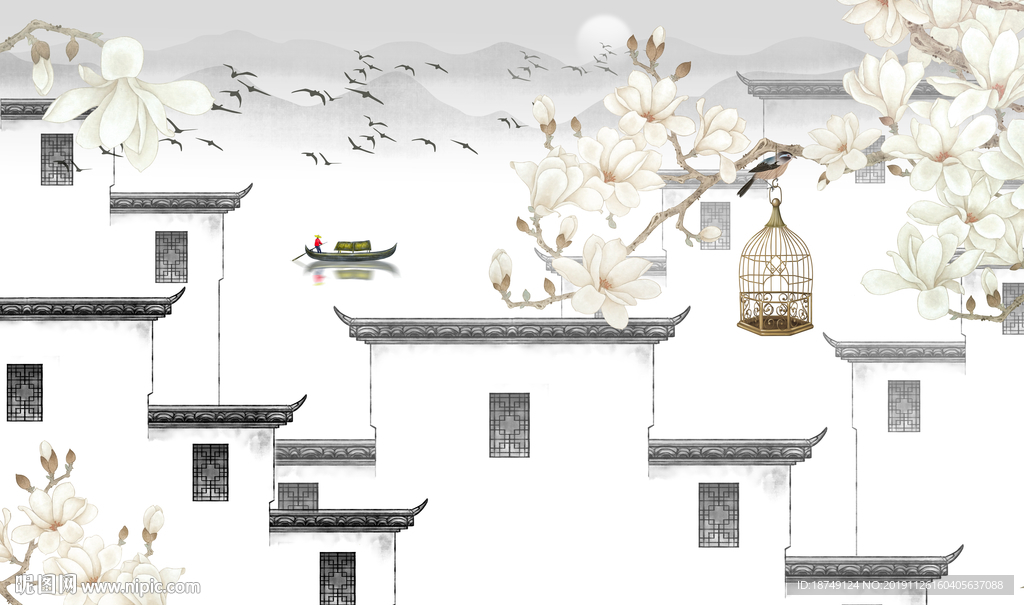 新中式江南水乡电视背景墙