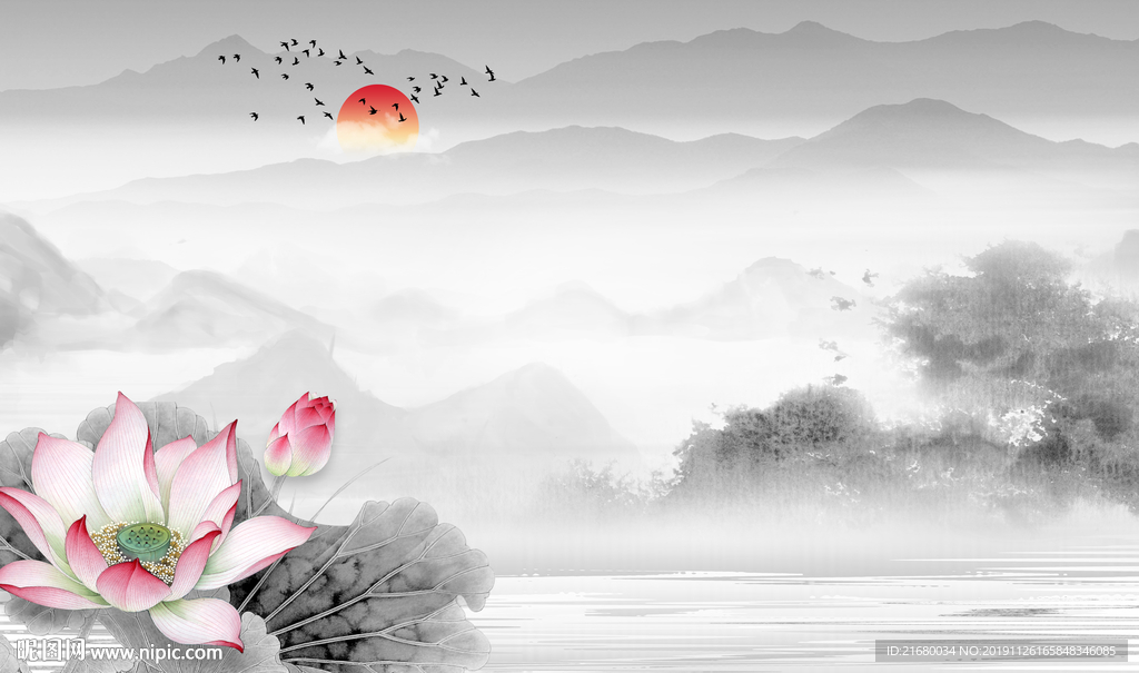新中式山水荷花抽象背景墙