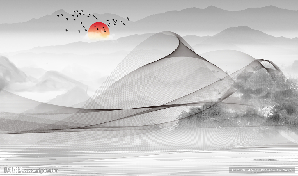 新中式抽象线条山水背景墙