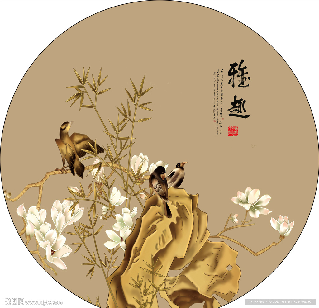 新中式手绘花鸟圆框装饰画