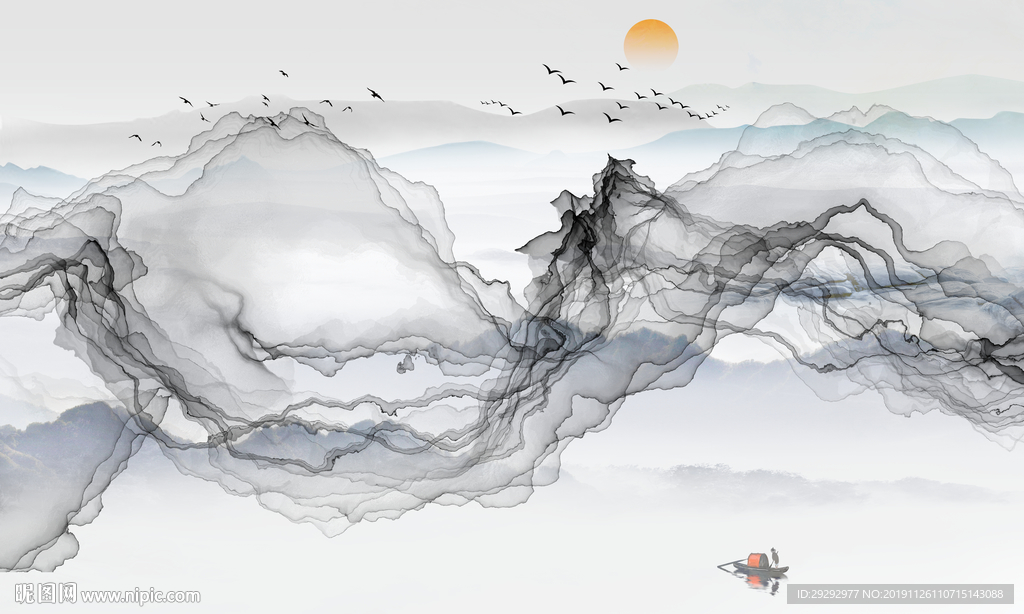 新中式抽象线条山水背景墙