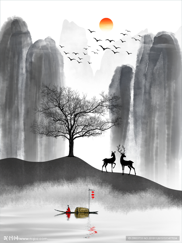 新中式水墨山水风景装饰画图片